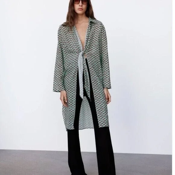 Zara Printed Tunic Long Sleeve Side Slit Front Tie Closure Retro Size XL - Picture 1 of 11